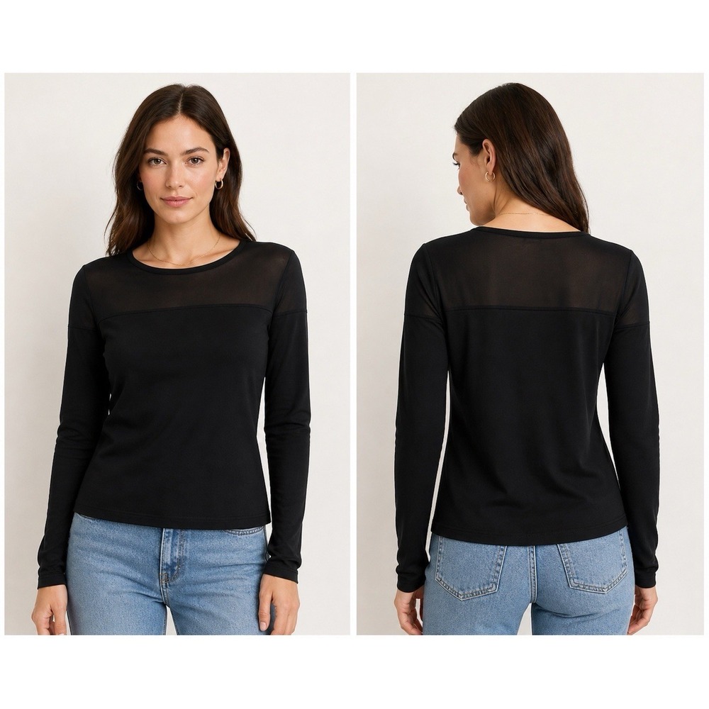 Amii Black Mesh Panel Long Sleeve Top Ruched Cuff XL